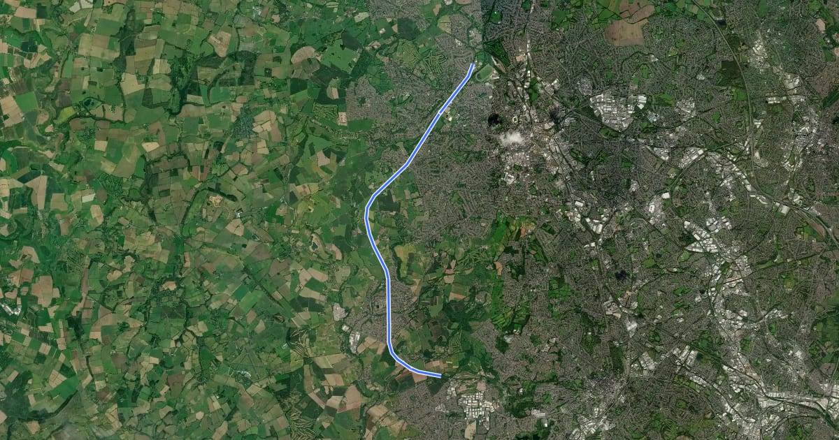 Маршрут South Staffordshire Railway Walk на спутниковом снимке