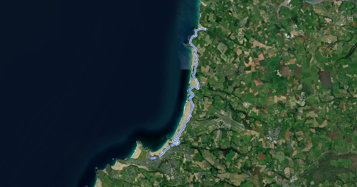 Маршрут South West Coast Path (Section 16: Porthcothan to Newquay) на спутниковом снимке