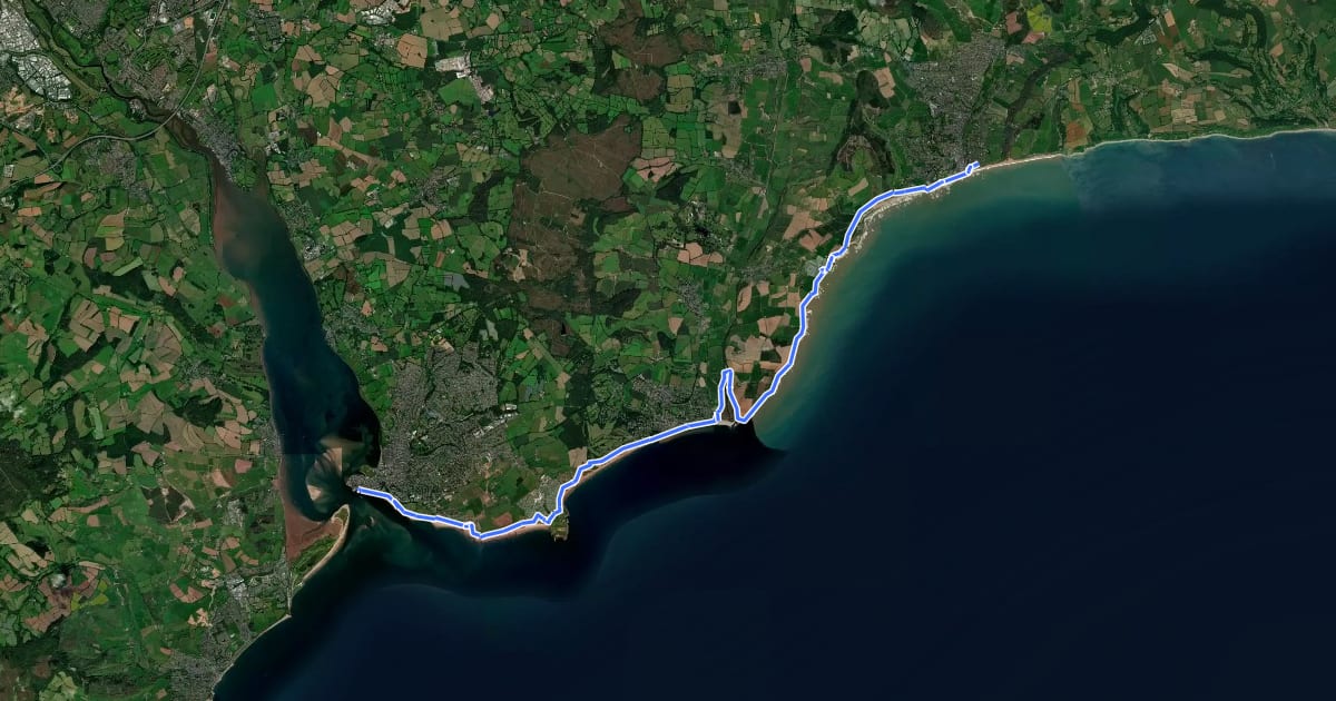 Маршрут South West Coast Path (Section 44: Exmouth to Sidmouth) на спутниковом снимке