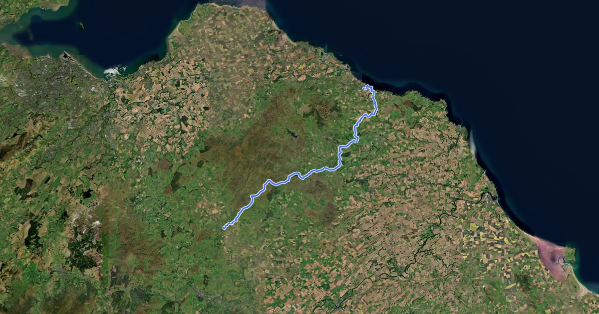 Маршрут Southern Upland Way (Section C - Lauder to Cockburnspath) на спутниковом снимке