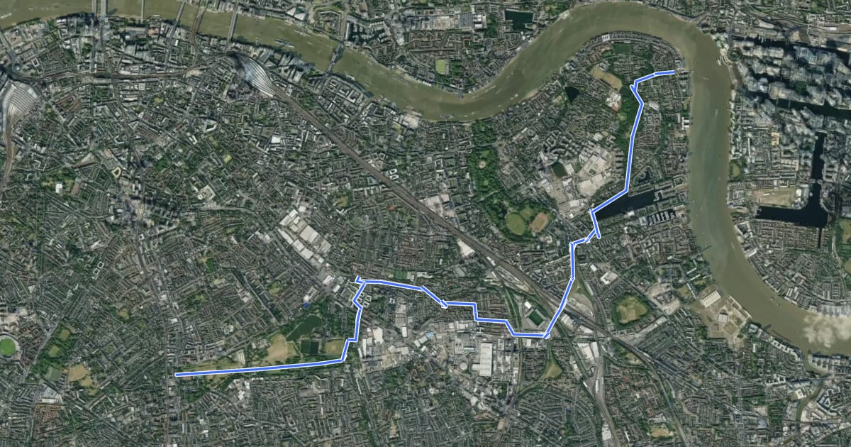 Маршрут Southwark Greenways: Rotherhithe to Burgess Park на спутниковом снимке