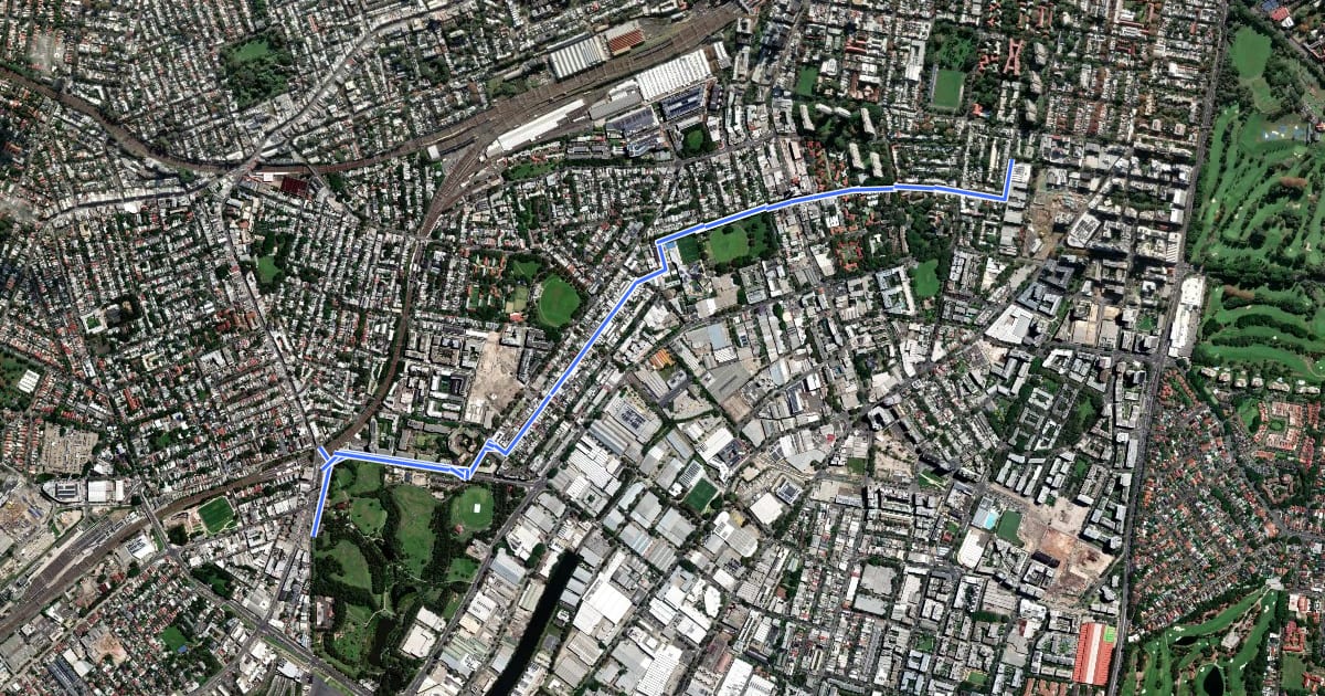 Маршрут St. Peters – Erskineville – Alexandria – Waterloo на спутниковом снимке