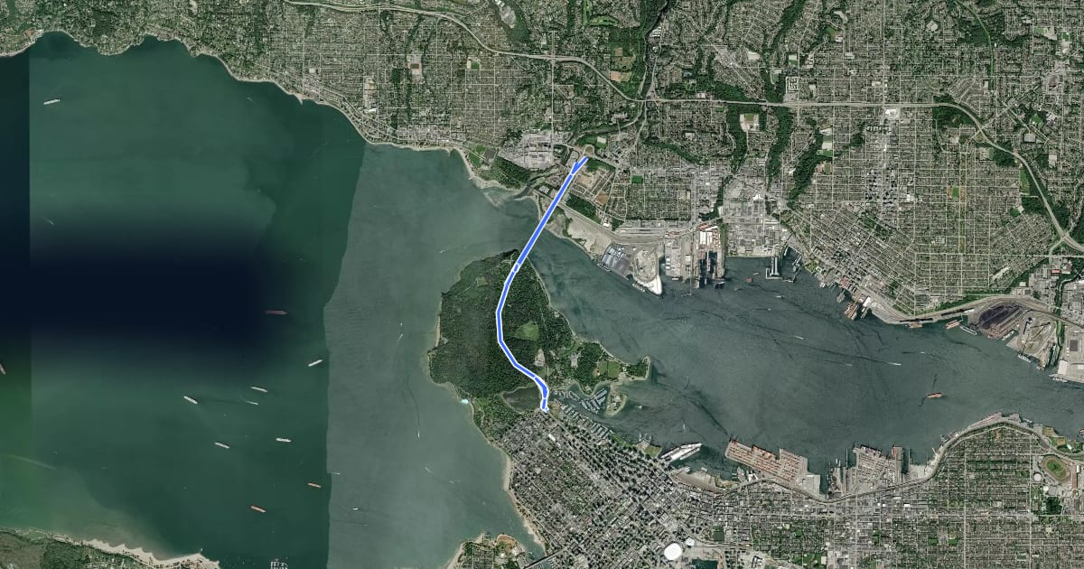 Маршрут Stanley Park Causeway - Lions Gate Bridge на спутниковом снимке