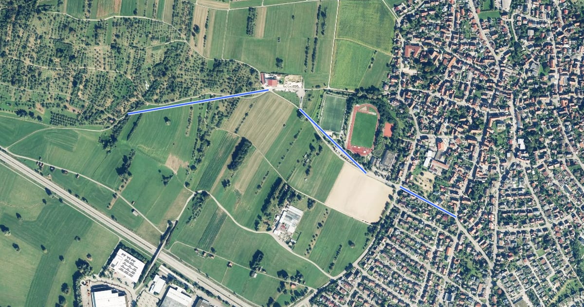 Маршрут Stichweg des SAV (blaues Hufeisen) на спутниковом снимке