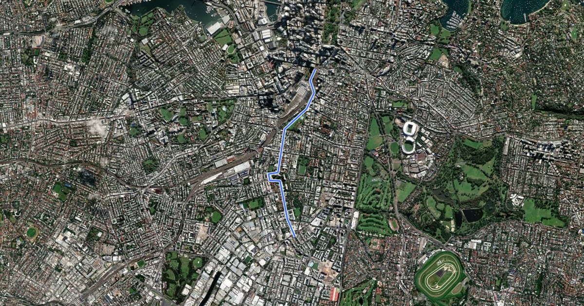 Маршрут Sydney City – Green Square на спутниковом снимке