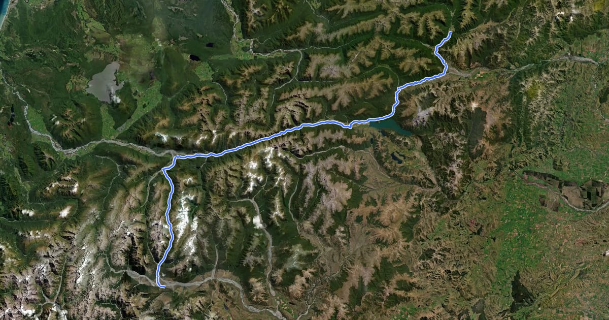 Маршрут TA08a Boyle Village to Arthurs Pass на спутниковом снимке