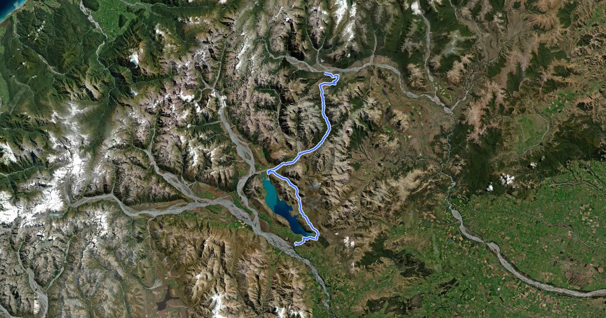 Маршрут TA08b Arthur's Pass to Rakaia River на спутниковом снимке