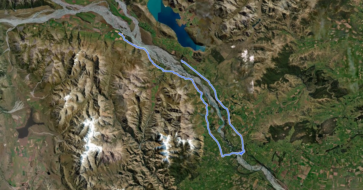 Маршрут TA08c Rakaia River hazard bypass на спутниковом снимке