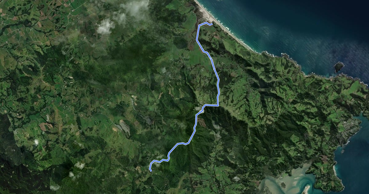 Маршрут Te Araroa - 02 Auckland - b Pakiri Beach to cnr Govan Wilson and Matakana Valley Rds на спутниковом снимке