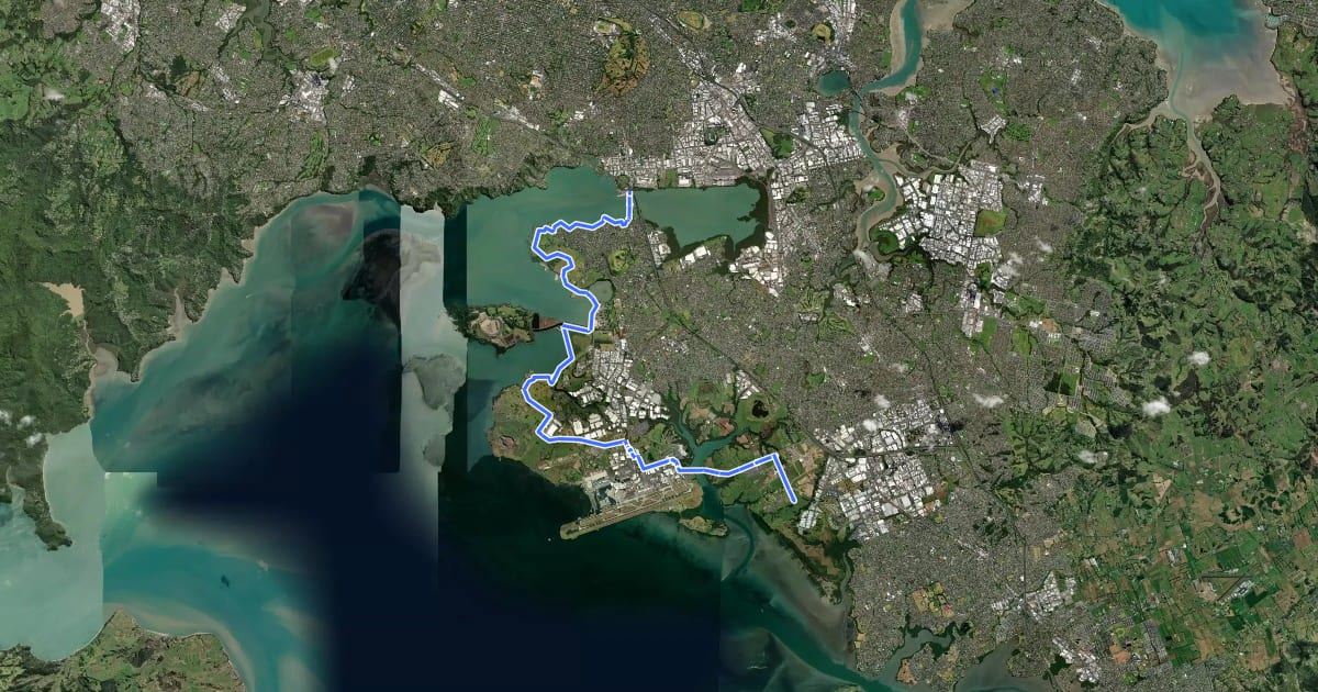 Маршрут Te Araroa - 02 Auckland - k Onehunga to Puhinui на спутниковом снимке