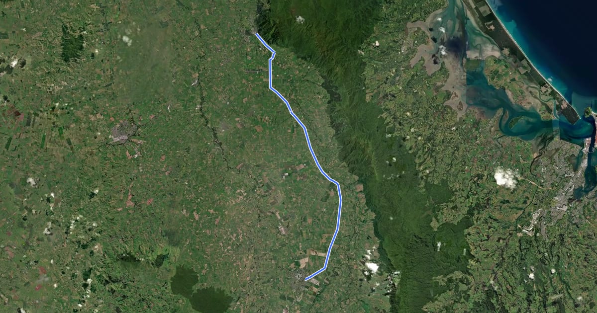 Маршрут Te Aroha to Matamata на спутниковом снимке