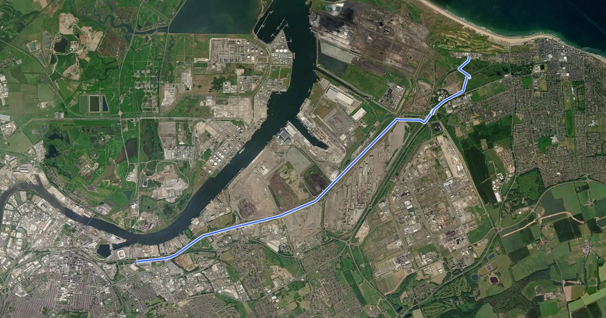 Маршрут Teesdale Way (Middlesbrough to Warrenby) на спутниковом снимке