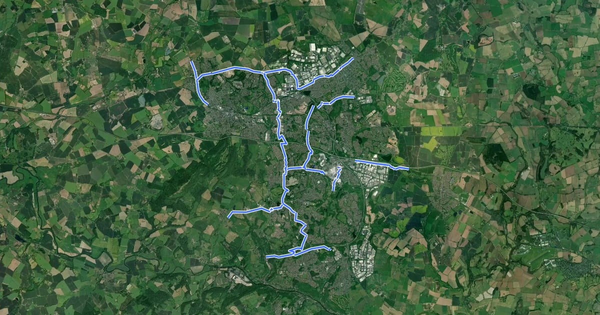 Маршрут Telford Strategic Cycling Network на спутниковом снимке