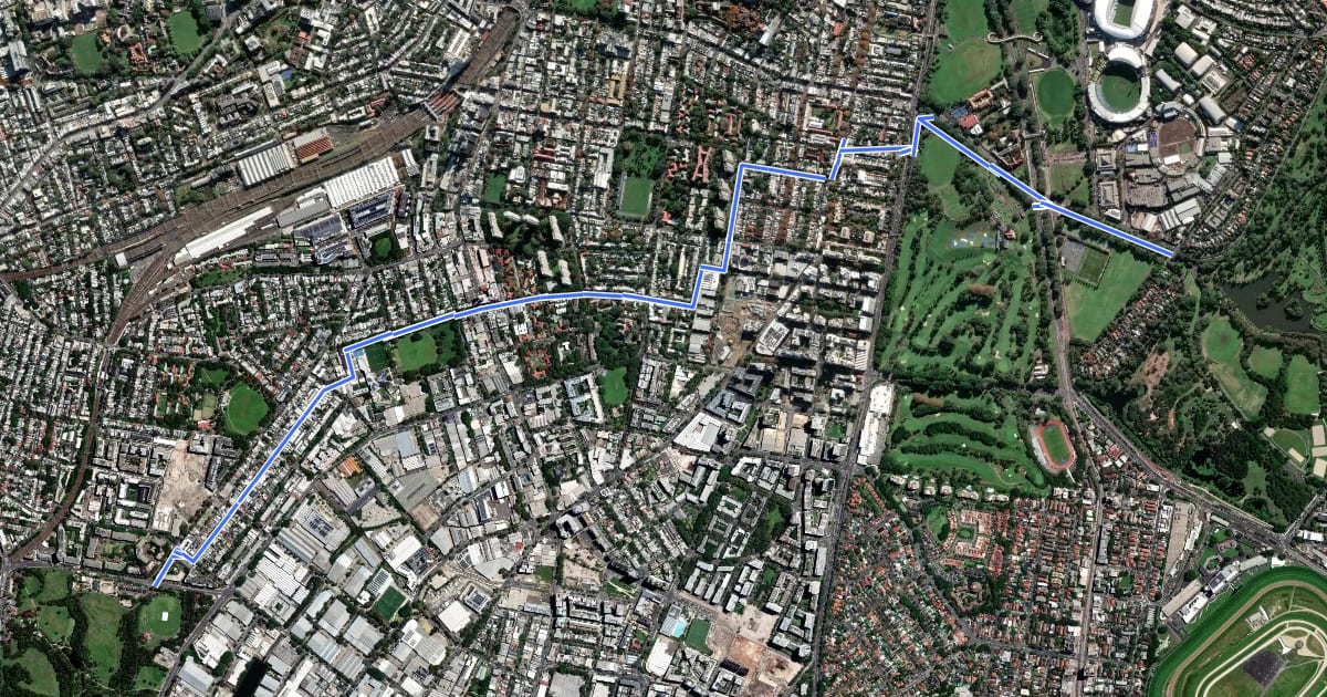 Маршрут Tempe - St Peters - Centennial Park - Bondi Junction на спутниковом снимке
