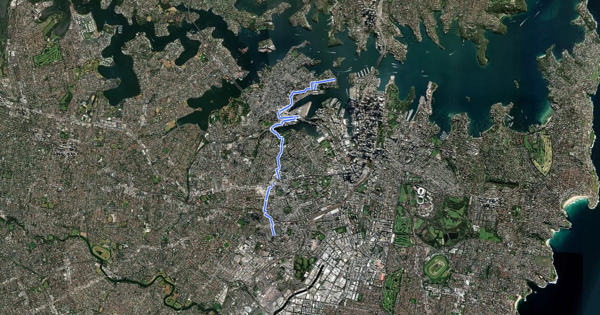 Маршрут Tempe Station - Enmore - Camperdown - White Bay - Balmain на спутниковом снимке