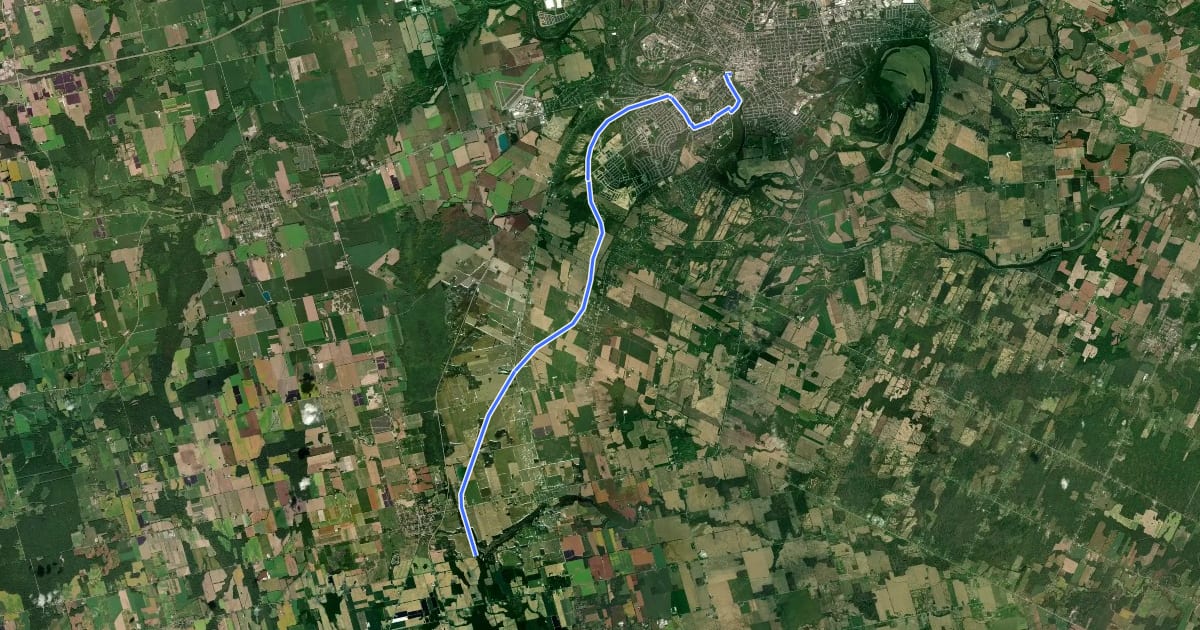 Маршрут TH&B Rail Trail на спутниковом снимке
