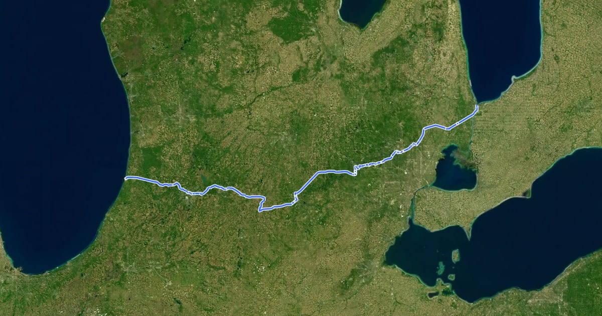 Маршрут The Great Lake-to-Lake Trails на спутниковом снимке