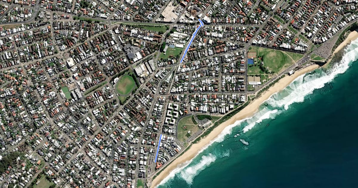 Маршрут The Junction-Merewether Beach на спутниковом снимке