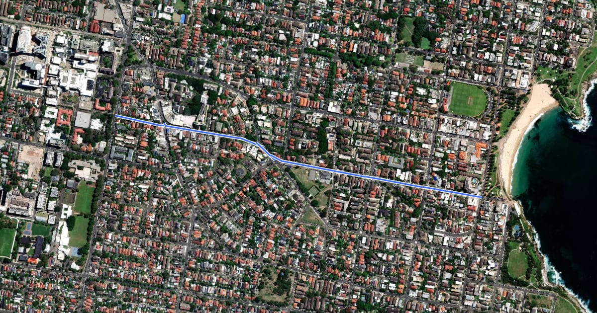 Маршрут The Spot to Coogee на спутниковом снимке