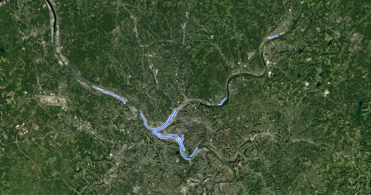 Маршрут Three Rivers Heritage Trail на спутниковом снимке