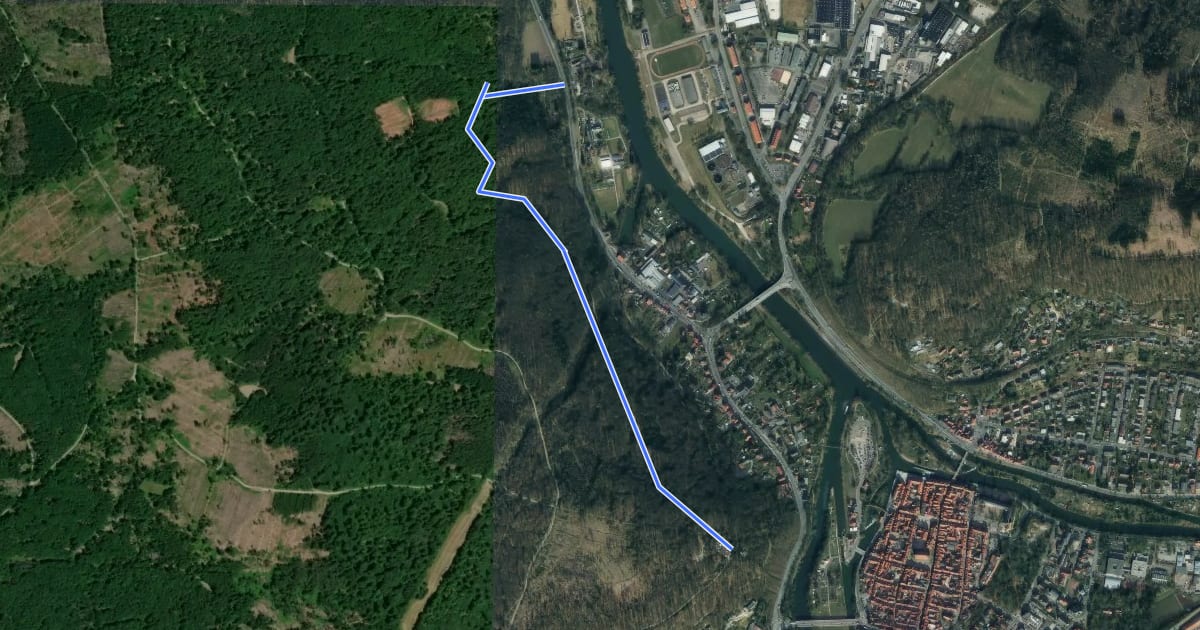 Маршрут Tillyschanze - DJH Hann. Münden на спутниковом снимке