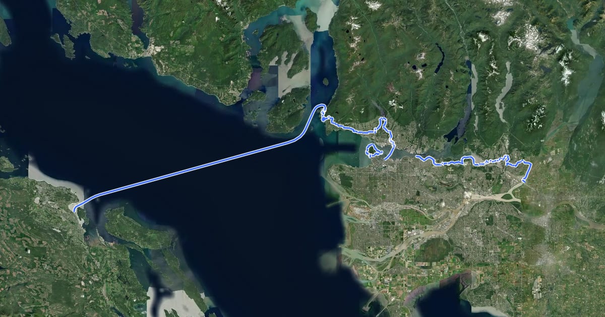 Маршрут Trans Canada Trail на спутниковом снимке