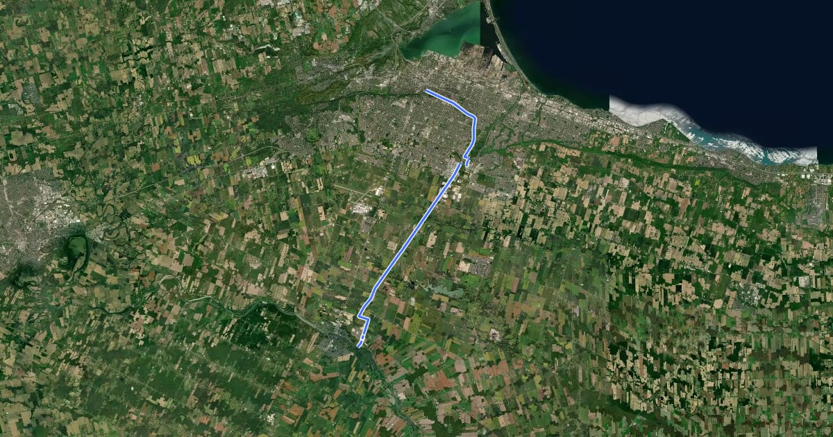 Маршрут Trans Canada Trail (Chippewa/Escarpment Rail Trail) на спутниковом снимке