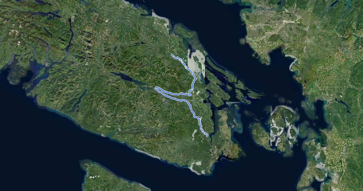 Маршрут Trans-Canada Trail - Cowichan Valley Trail на спутниковом снимке