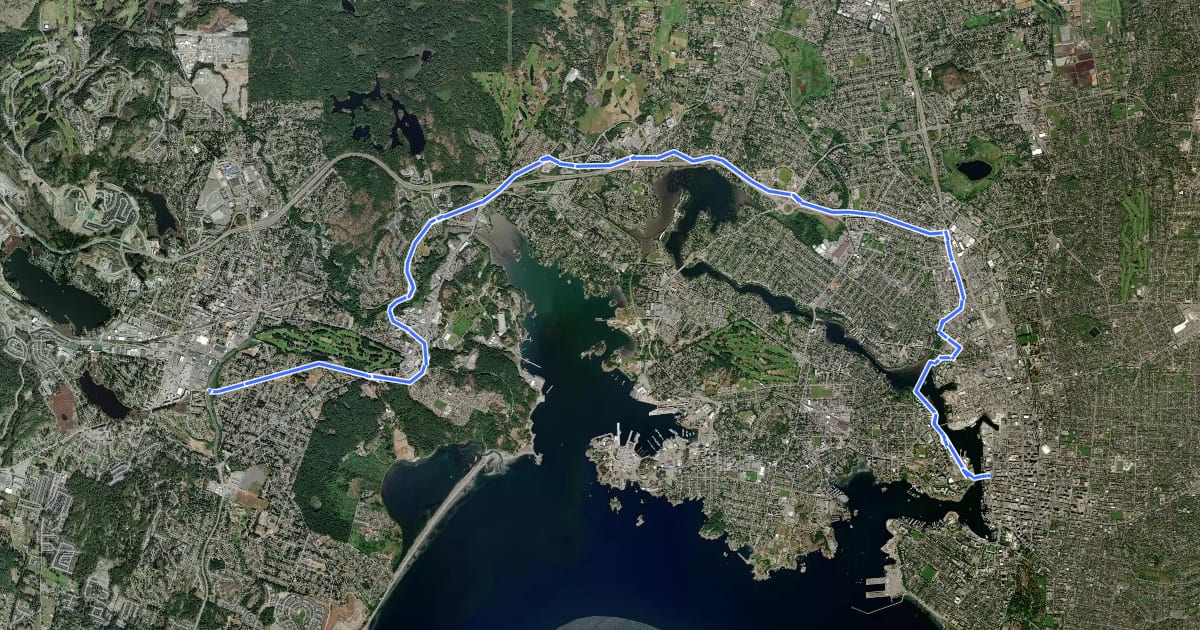 Маршрут Trans-Canada Trail - Galloping Goose Regional Trail на спутниковом снимке