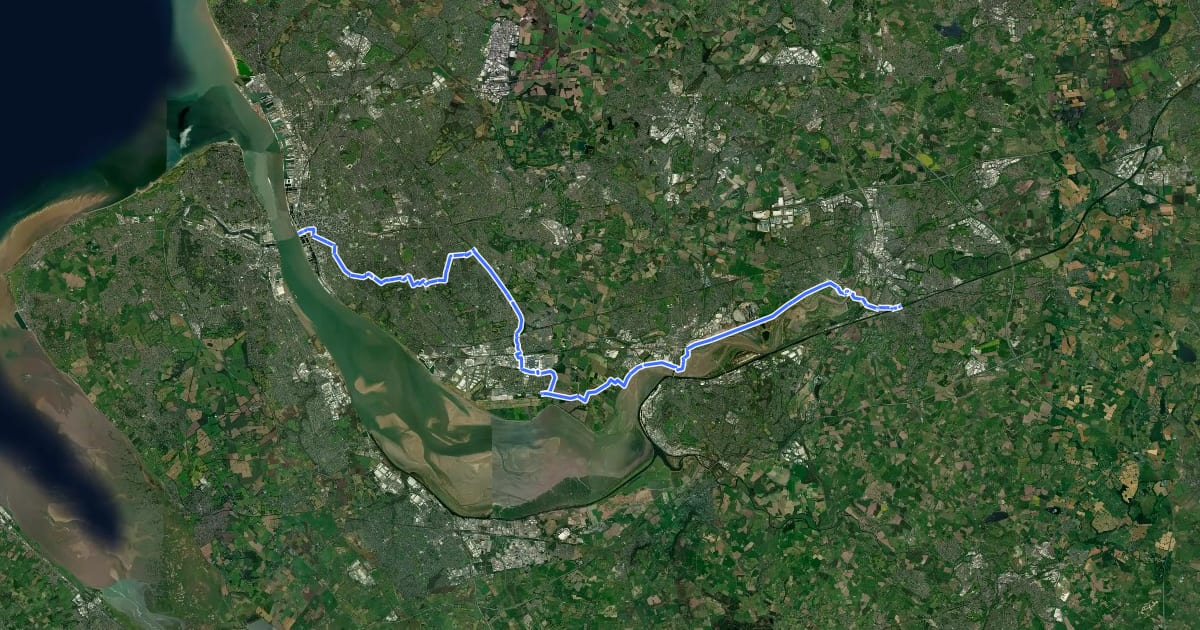 Маршрут Trans-Pennine Trail (Liverpool to Warrington) на спутниковом снимке