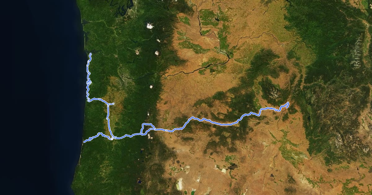 Маршрут TransAmerica Trail (Oregon) на спутниковом снимке