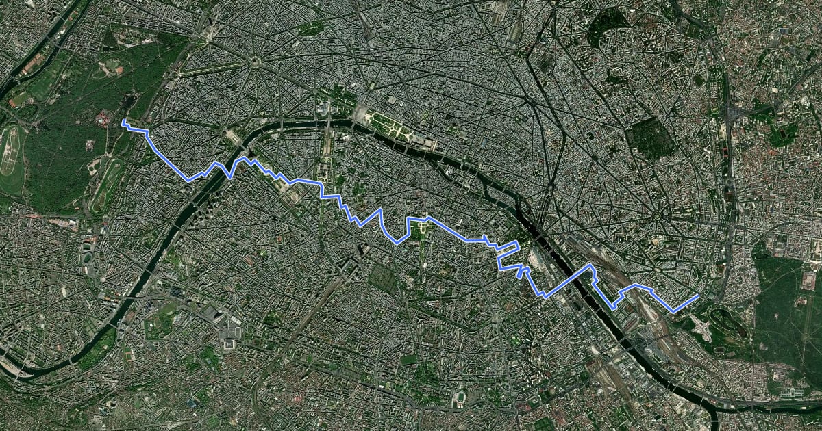 Маршрут Traversée de Paris n°1 на спутниковом снимке