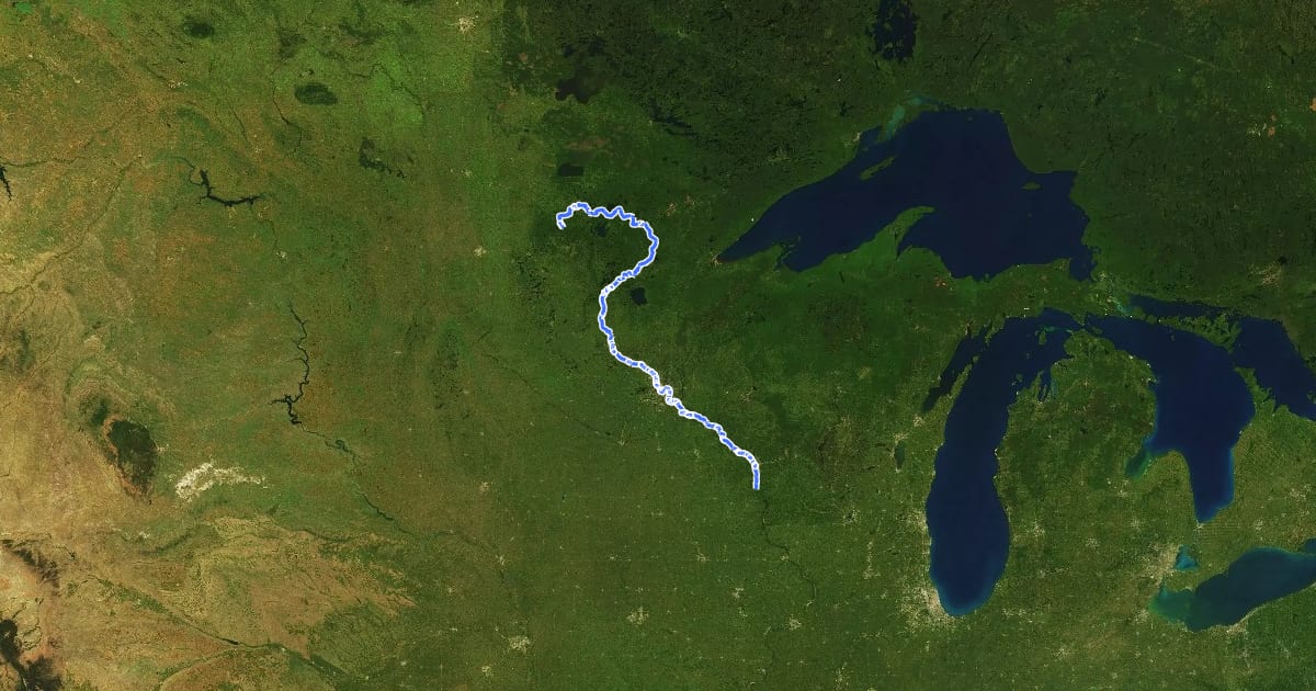 Маршрут United States Bicycle Route 45 на спутниковом снимке