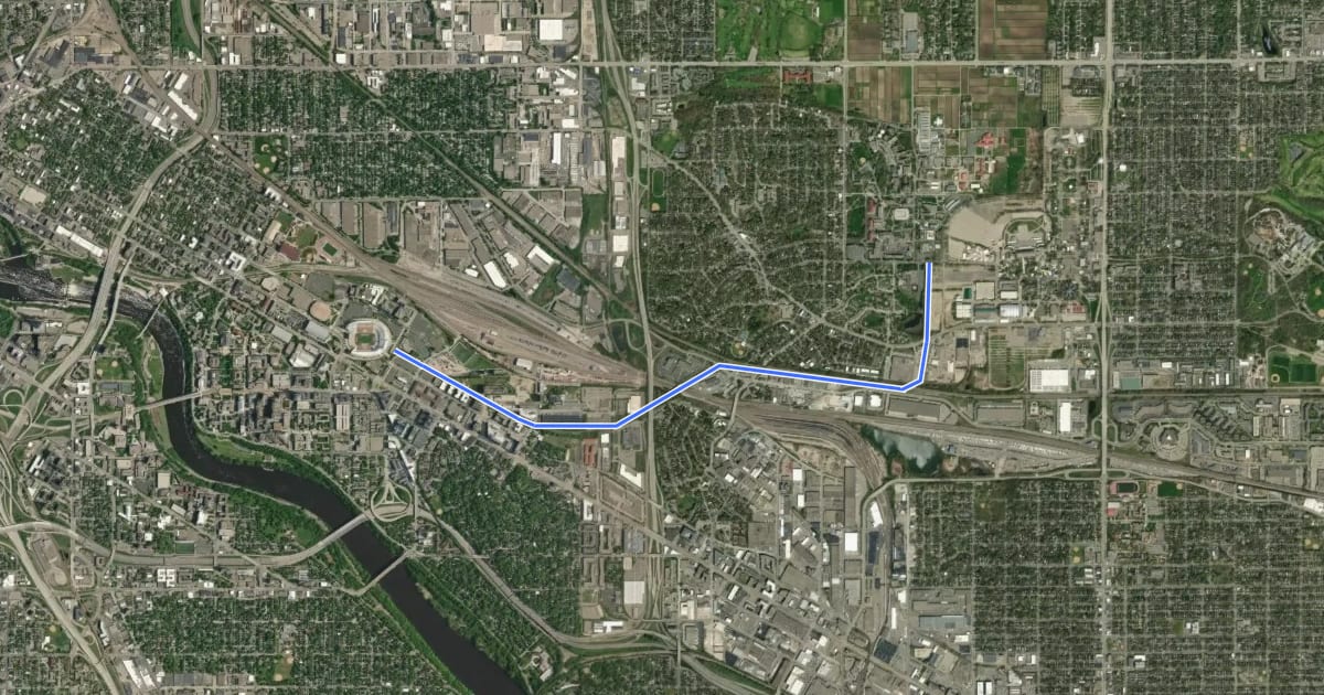 Маршрут University of Minnesota Transitway на спутниковом снимке