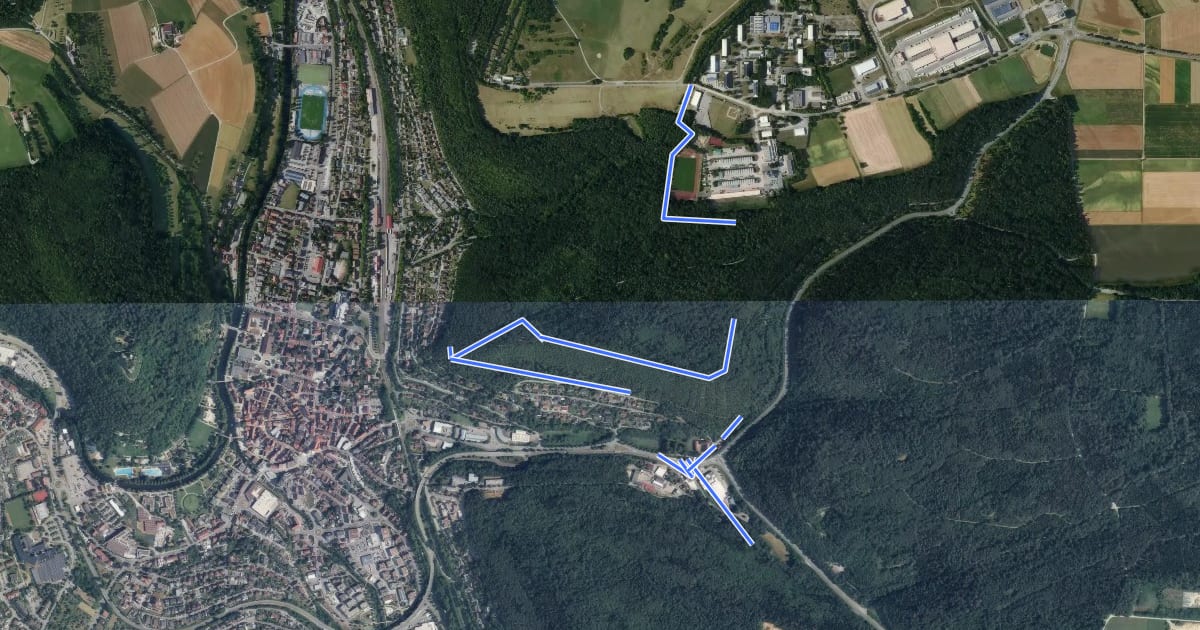 Маршрут Unteres Kreuz - Ehem. Eisberg-Kaserne на спутниковом снимке