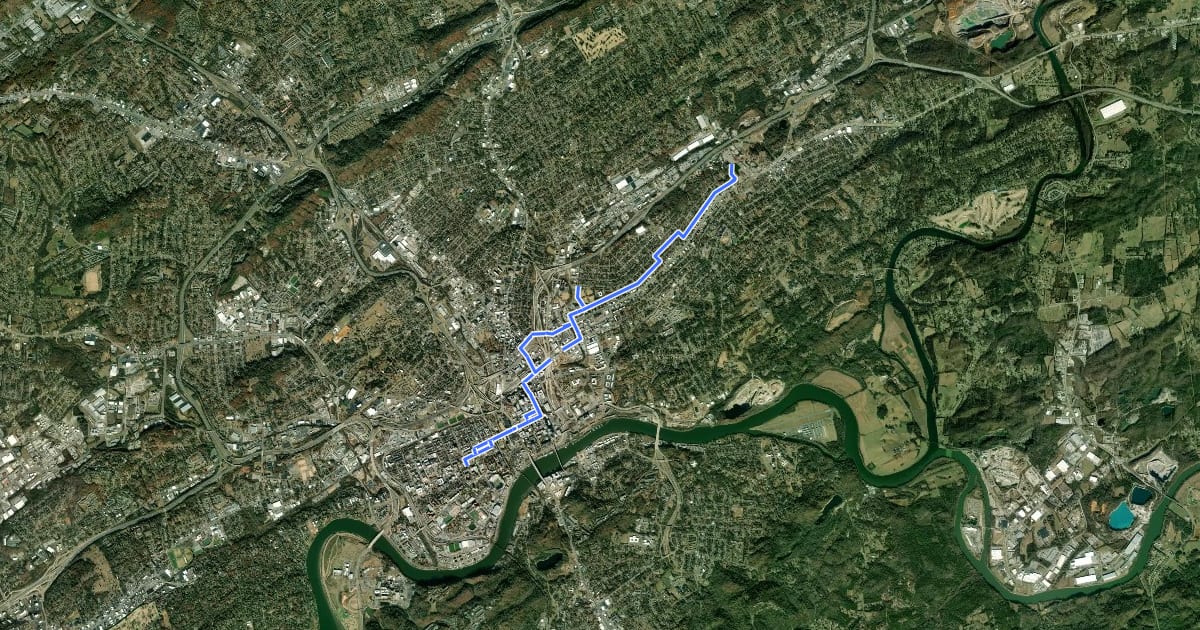 Маршрут UT/Downtown to and from Knoxville Zoo на спутниковом снимке