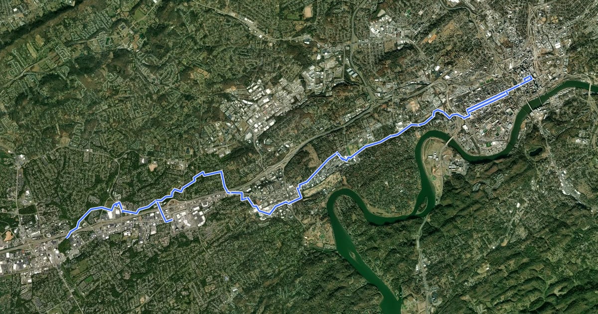 Маршрут UT/Downtown to and from West Hills and Cedar Bluff Areas на спутниковом снимке