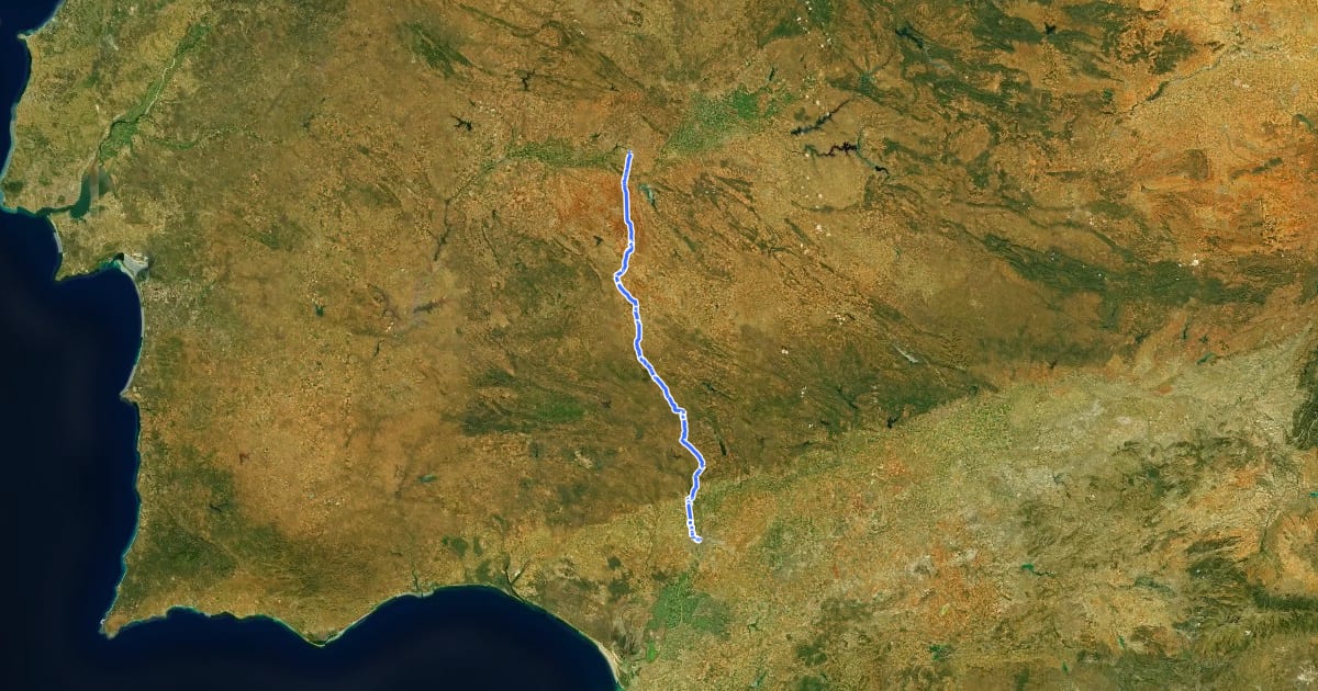 Маршрут Vía de la Plata hiking - 01 Sevilla to Merida на спутниковом снимке