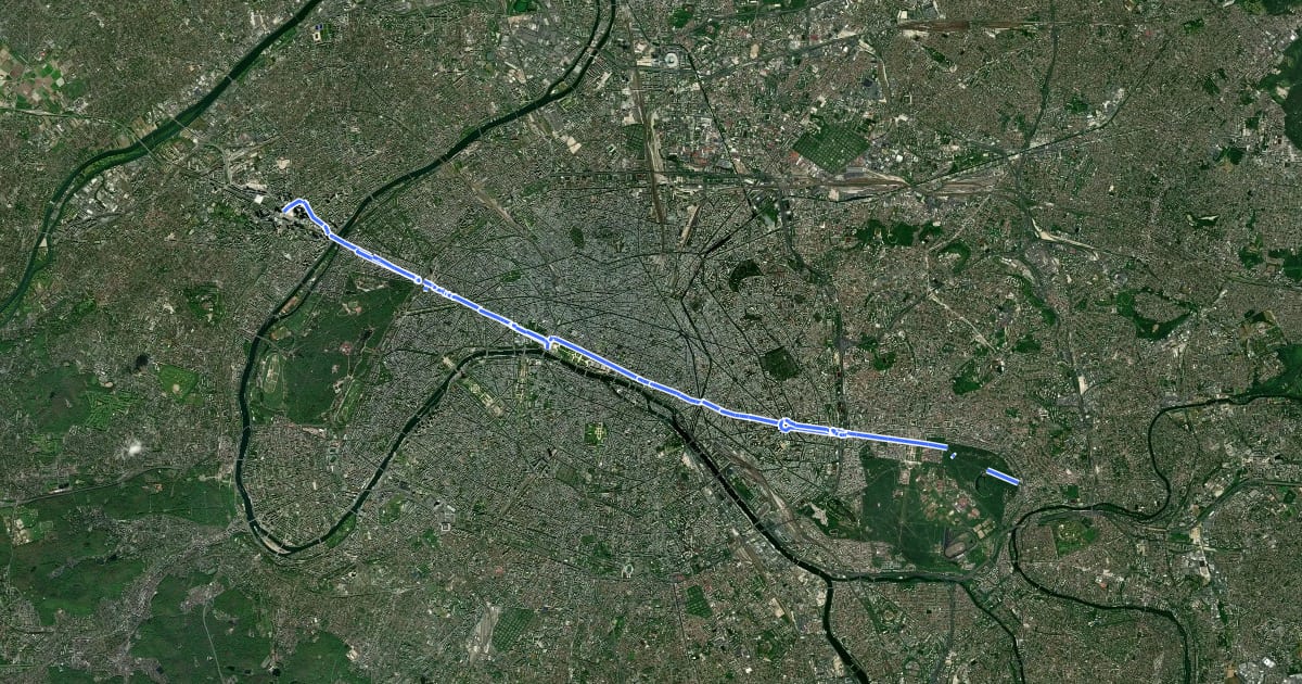 Маршрут Vélopolitain 1 (Défense - Vincennes) на спутниковом снимке