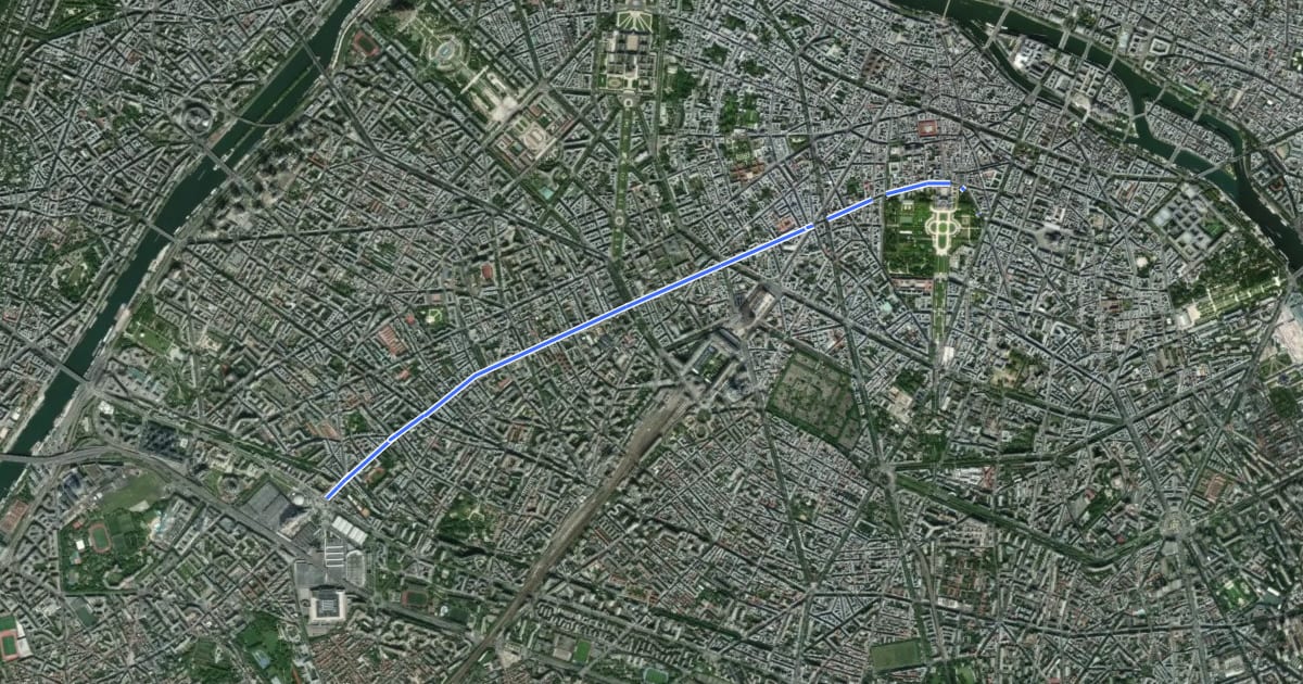 Маршрут Vélopolitain 12 (Porte de Versailles - Luxembourg) на спутниковом снимке