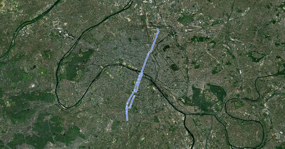 Маршрут Vélopolitain 4 (Aubervilliers - Montrouge) на спутниковом снимке