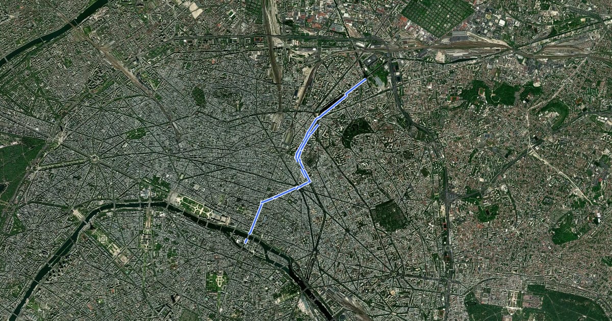 Маршрут Véloroute 52 - Paris 1er to Paris 19e на спутниковом снимке