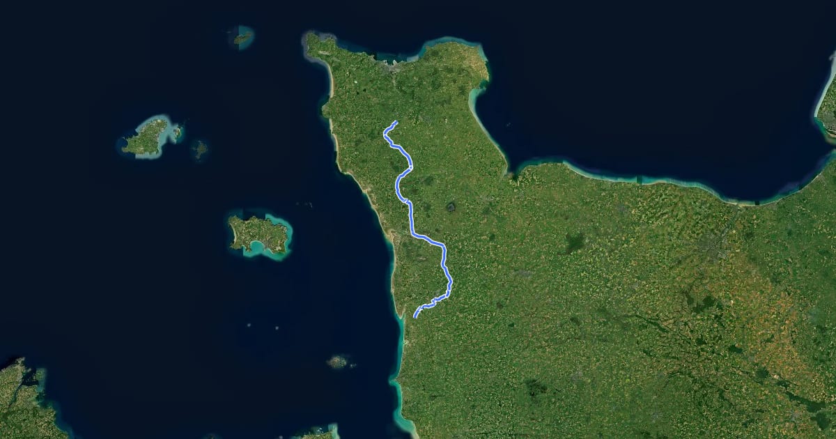 Маршрут Véloroute de la baie du Mont-Saint-Michel et voie verte du Cotentin на спутниковом снимке