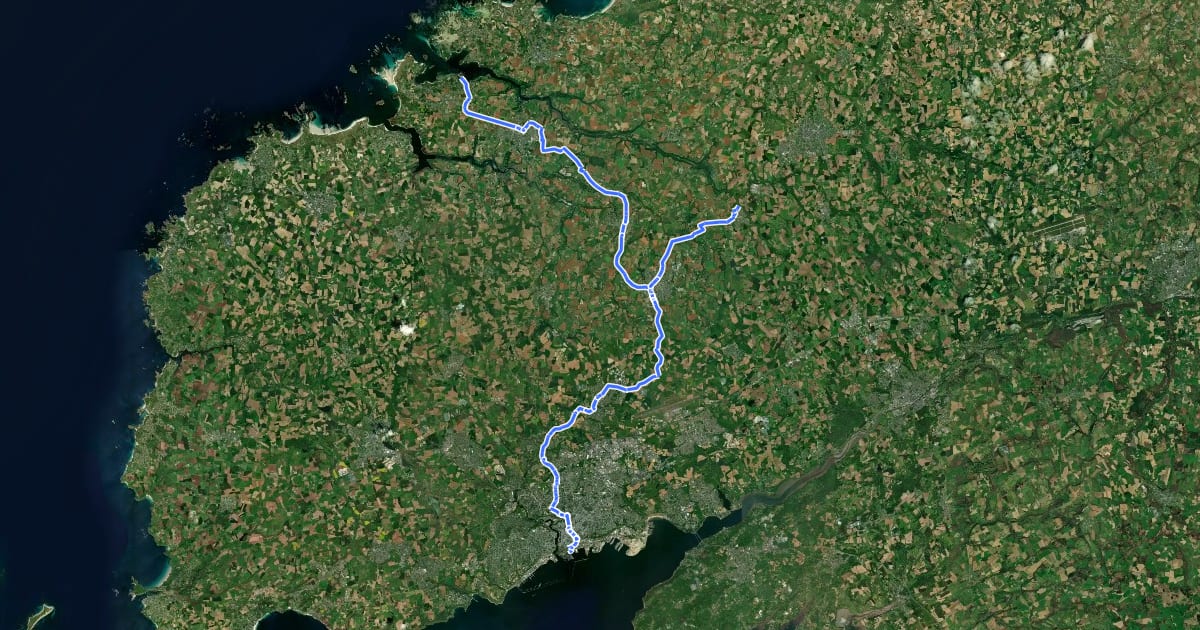 Маршрут Véloroute des abers et jonction vers Brest на спутниковом снимке