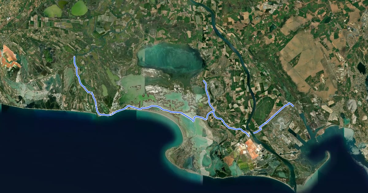 Маршрут V65 (projet) : De Stes-Maries-de-la-Mer à Port-St-Louis-du-Rhône на спутниковом снимке