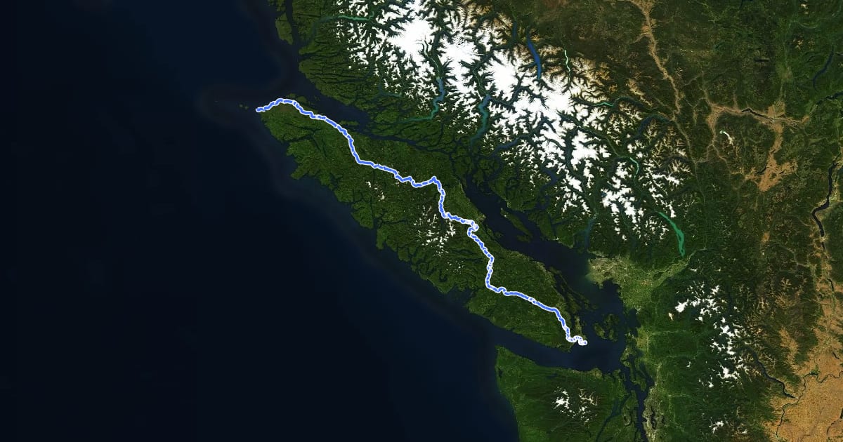 Маршрут Vancouver Island Trail на спутниковом снимке