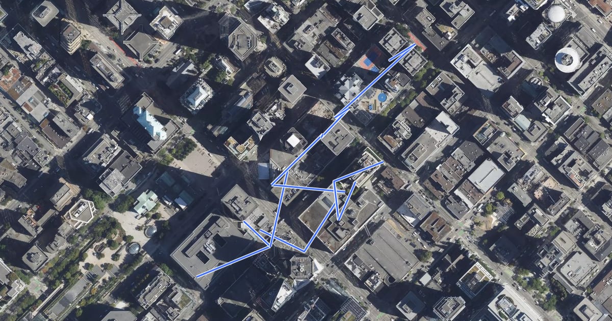 Маршрут Vancouver Pedway Network на спутниковом снимке