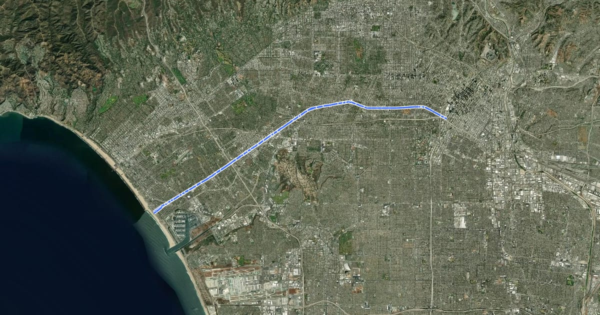 Маршрут Venice Boulevard Designated Bicycle Route на спутниковом снимке