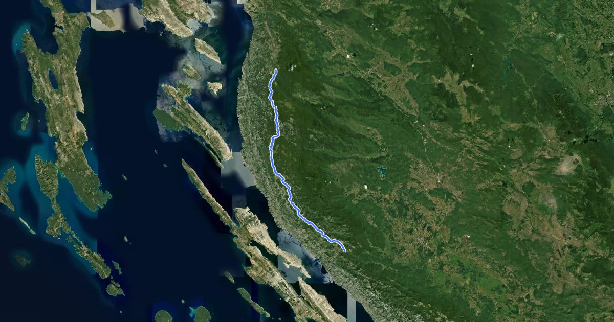 Маршрут Via Adriatica #4: Oltari => Baške Oštarije на спутниковом снимке