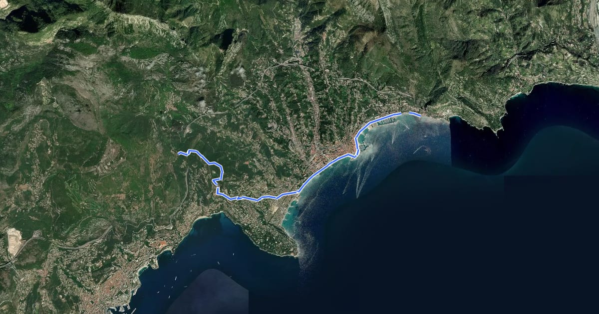 Маршрут Via Aurelia, Menton - Roquebrune на спутниковом снимке